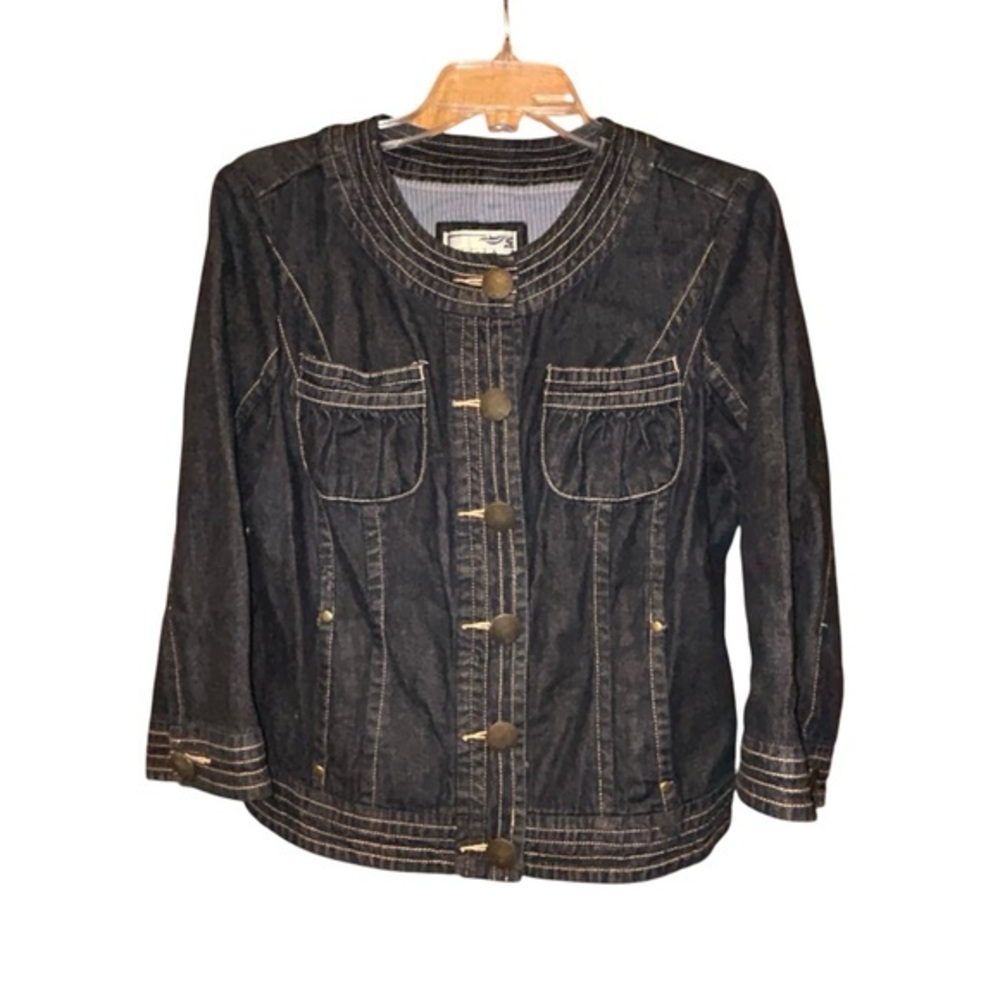 Tria Women’s Fitted Denim Jean Jacket Medium‎ Western Stretch Pockets Dark Wash